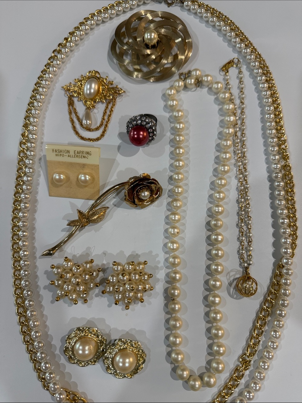 Vintage Lot 10 Gold and Ivory Faux Pearl Necklace, Brooch, Earring Ring Jewelry
